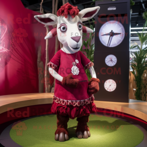 Maroon Goat mascot costume character dressed with Mini Skirt and Watches