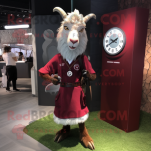 Maroon Goat mascot costume character dressed with Mini Skirt and Watches