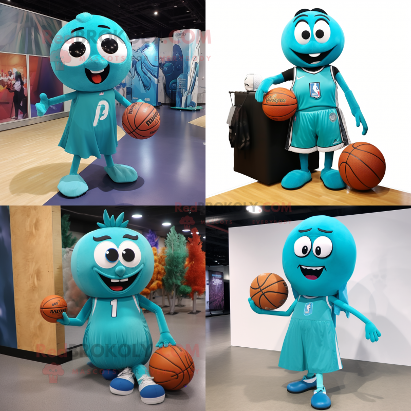 Teal basketball ball mascot costume character dressed with Evening Gown and Messenger bags