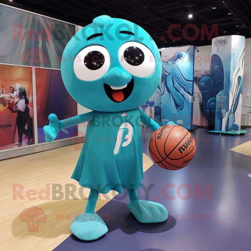 Teal basketball ball mascot costume character dressed with Evening Gown and Messenger bags