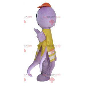 Mascotte de pieuvre violette avec un gilet jaune -