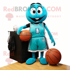 Teal basketball ball mascot costume character dressed with Evening Gown and Messenger bags