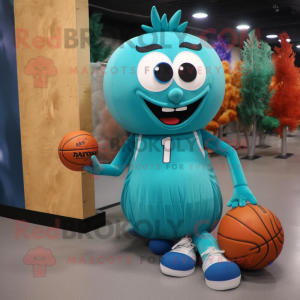 Teal basketball ball mascot costume character dressed with Evening Gown and Messenger bags