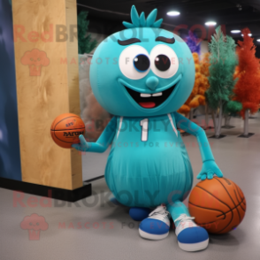 Teal basketball ball mascot costume character dressed with Evening Gown and Messenger bags