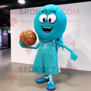 Teal basketball ball mascot costume character dressed with Evening Gown and Messenger bags