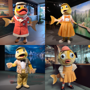 Gold Salmon mascot costume character dressed with Midi Dress and Suspenders