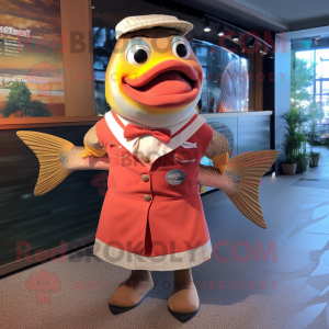 Gold Salmon mascot costume character dressed with Midi Dress and Suspenders