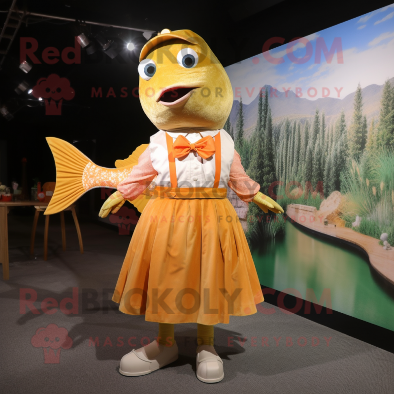 Gold Salmon mascot costume character dressed with Midi Dress and Suspenders