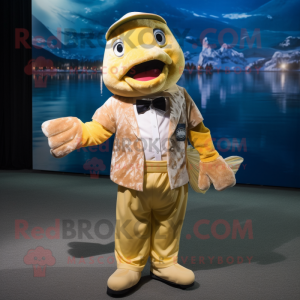 Gold Salmon mascot costume character dressed with Midi Dress and Suspenders