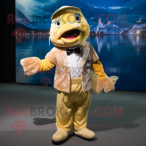Gold Salmon mascot costume character dressed with Midi Dress and Suspenders