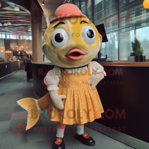 Gold Salmon mascot costume character dressed with Midi Dress and Suspenders
