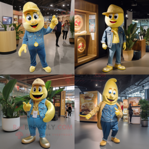 Gold Banana mascot costume character dressed with Denim Shirt and Coin purses