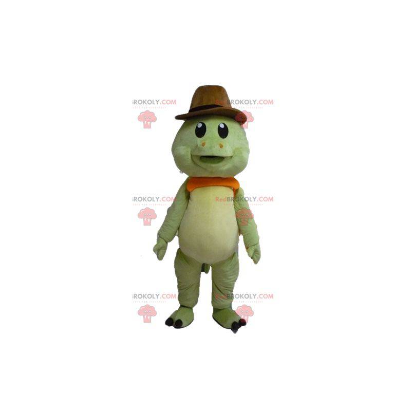 Green and orange turtle mascot with a cowboy hat -