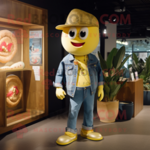Gold Banana mascot costume character dressed with Denim Shirt and Coin purses
