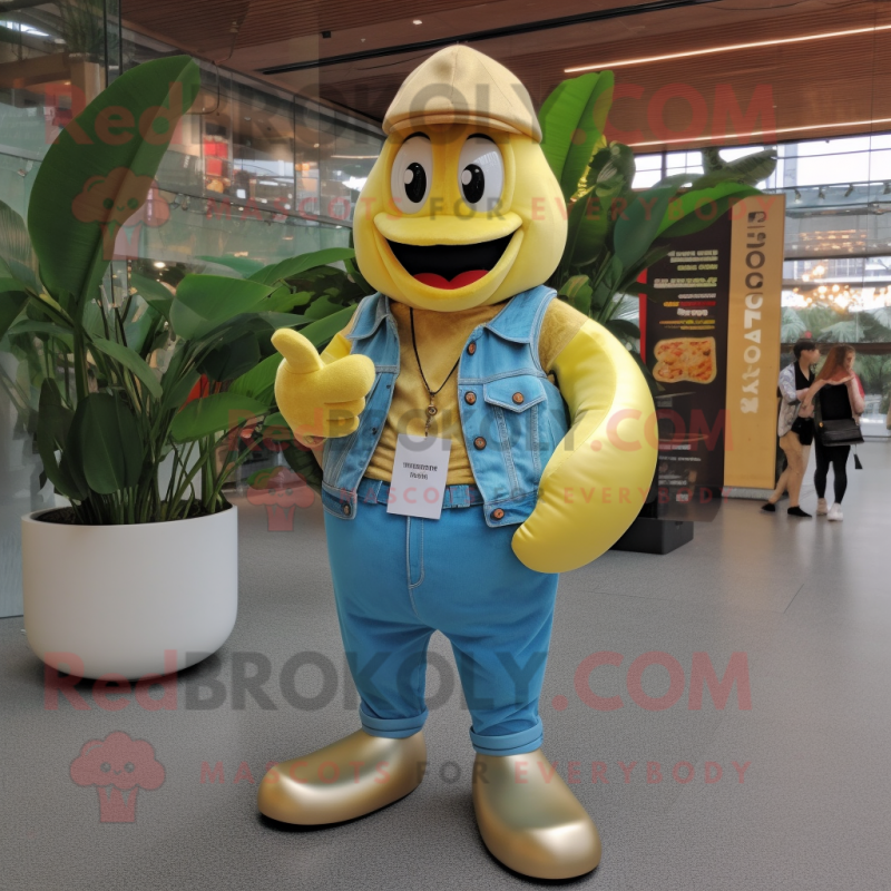 Gold Banana mascot costume character dressed with Denim Shirt and Coin purses Gold Banana mascot costume character dressed with Denim Shirt and Coin purses