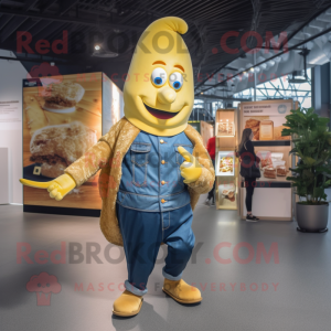 Gold Banana mascot costume character dressed with Denim Shirt and Coin purses
