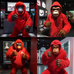 Red Gorilla mascot costume character dressed with Sweatshirt and Rings