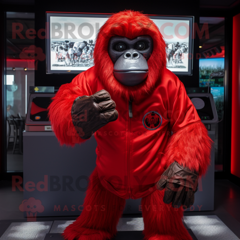 Red Gorilla mascot costume character dressed with Sweatshirt and Rings