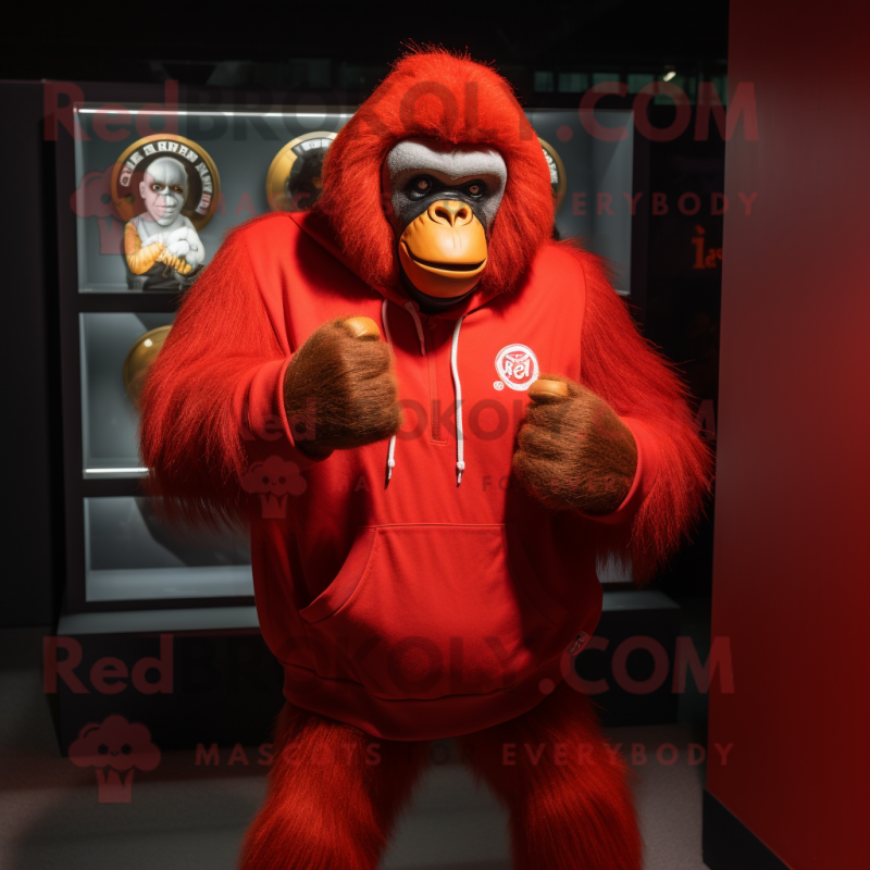 Red Gorilla mascot costume character dressed with Sweatshirt and Rings