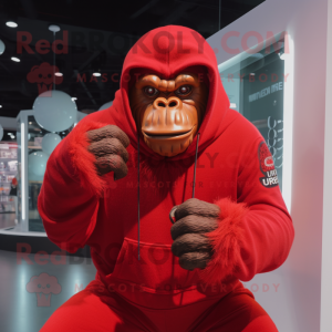 Red Gorilla mascot costume character dressed with Sweatshirt and Rings