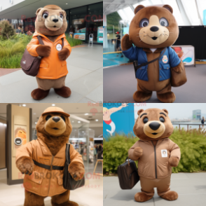 Brown Seal mascot costume character dressed with Windbreaker and Messenger bags