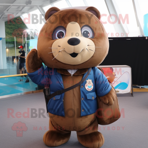 Brown Seal mascot costume character dressed with Windbreaker and Messenger bags