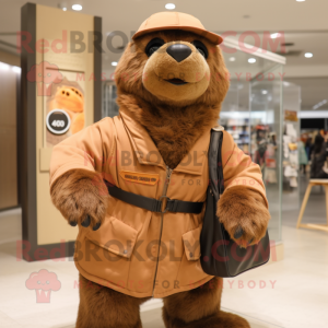 Brown Seal mascot costume character dressed with Windbreaker and Messenger bags