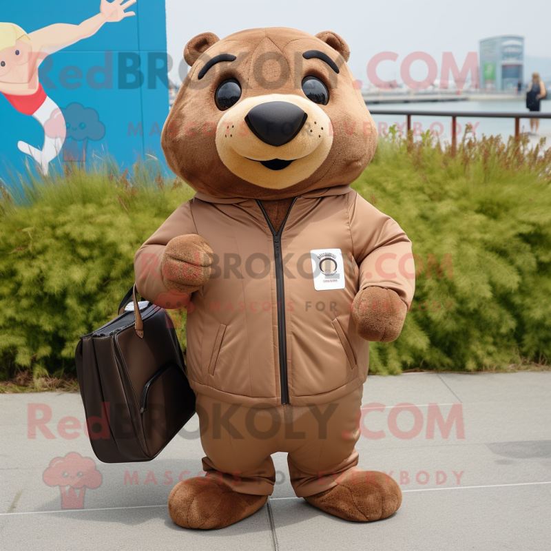 Brown Seal mascot costume character dressed with Windbreaker and Messenger bags Brown Seal mascot costume character dressed with Windbreaker and Messenger bags