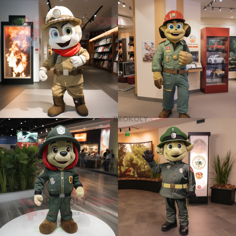 Olive fire fighter mascot costume character dressed with Moto Jacket and Hat pins Olive fire fighter mascot costume character dressed with Moto Jacket and Hat pins