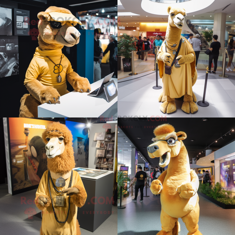 Gold Camel mascot costume character dressed with V-Neck Tee and Keychains