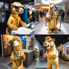 Gold Camel mascot costume character dressed with V-Neck Tee and Keychains