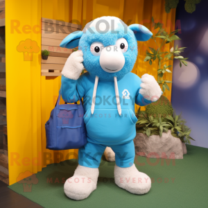 Sky Blue Merino sheep mascot costume character dressed with Sweatshirt and Tote bags