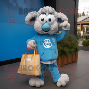 Sky Blue Merino sheep mascot costume character dressed with Sweatshirt and Tote bags