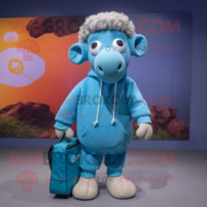 Sky Blue Merino sheep mascot costume character dressed with Sweatshirt and Tote bags