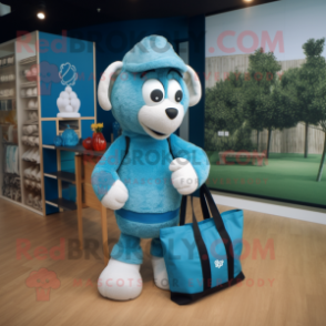 Sky Blue Merino sheep mascot costume character dressed with Sweatshirt and Tote bags