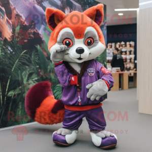 Purple Red Panda mascot costume character dressed with Chinos and Foot pads