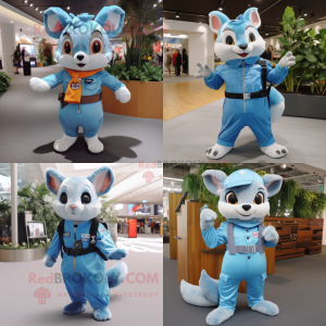 Sky Blue Flying Squirrel mascot costume character dressed with Overalls and Belts