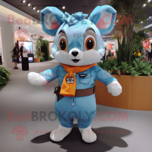 Sky Blue Flying Squirrel mascot costume character dressed with Overalls and Belts