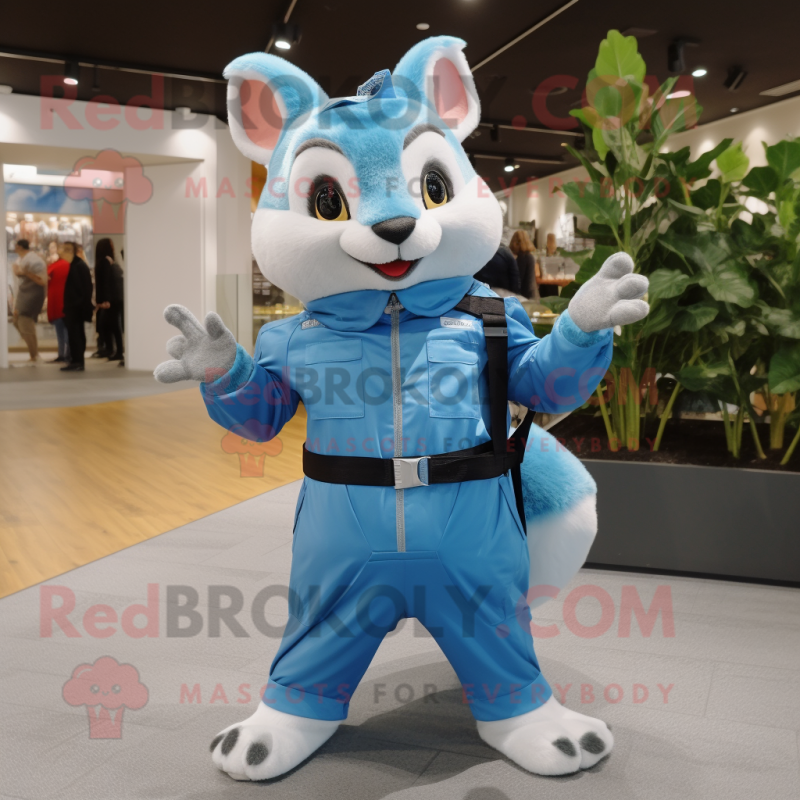 Sky Blue Flying Squirrel mascot costume character dressed with Overalls and Belts