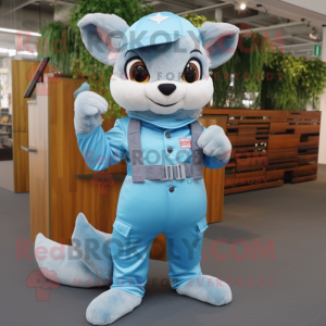 Sky Blue Flying Squirrel mascot costume character dressed with Overalls and Belts