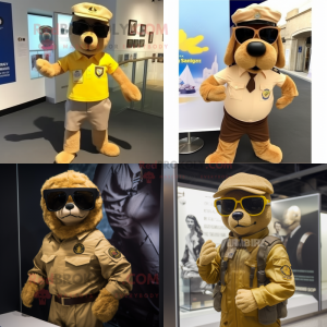 Gold Special Air Service mascot costume character dressed with Henley Tee and Sunglasses