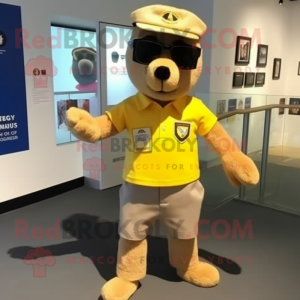Gold Special Air Service mascot costume character dressed with Henley Tee and Sunglasses