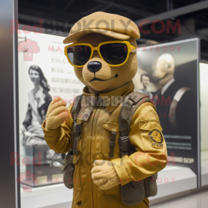 Gold Special Air Service mascot costume character dressed with Henley Tee and Sunglasses