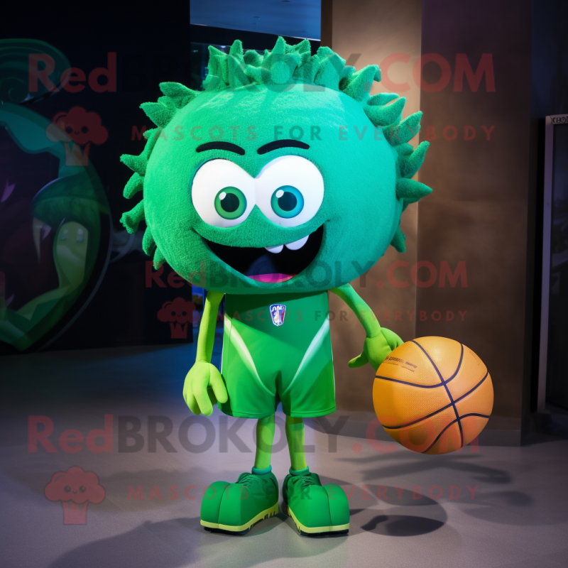 Green basketball ball mascot costume character dressed with Graphic Tee and Hairpins