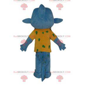Blue fish mascot with a very smiling yellow t-shirt -
