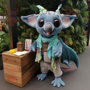 Cyan fruit bat mascot costume character dressed with Cargo Shorts and Scarves
