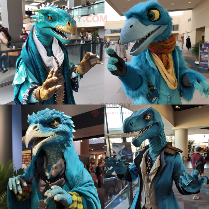 Turquoise Utahraptor mascot costume character dressed with Jacket and Shawl pins