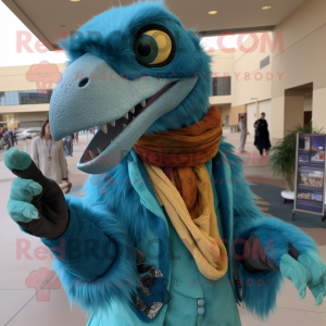 Turquoise Utahraptor mascot costume character dressed with Jacket and Shawl pins