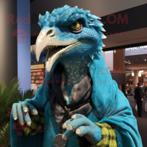 Turquoise Utahraptor mascot costume character dressed with Jacket and Shawl pins