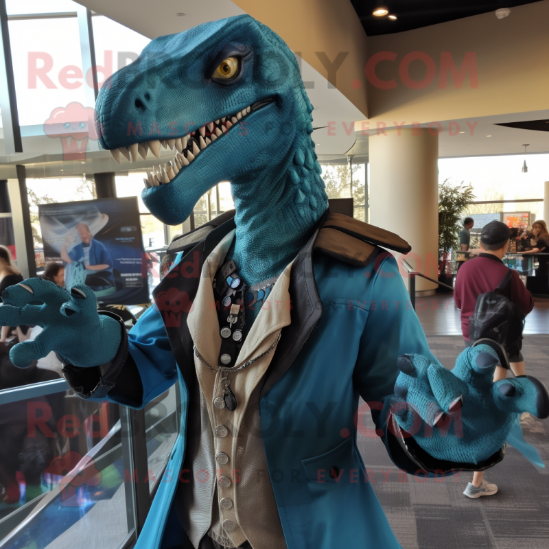 Turquoise Utahraptor mascot costume character dressed with Jacket and Shawl pins